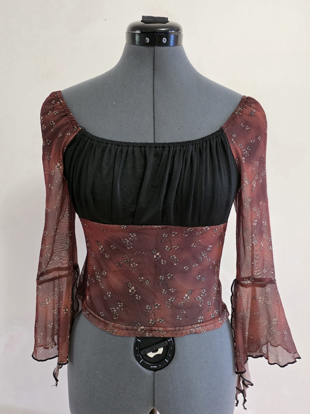 Vintage Y2K Mesh Bell Sleeve Milkmaid Top Floral Mesh Crop Blouse Medium